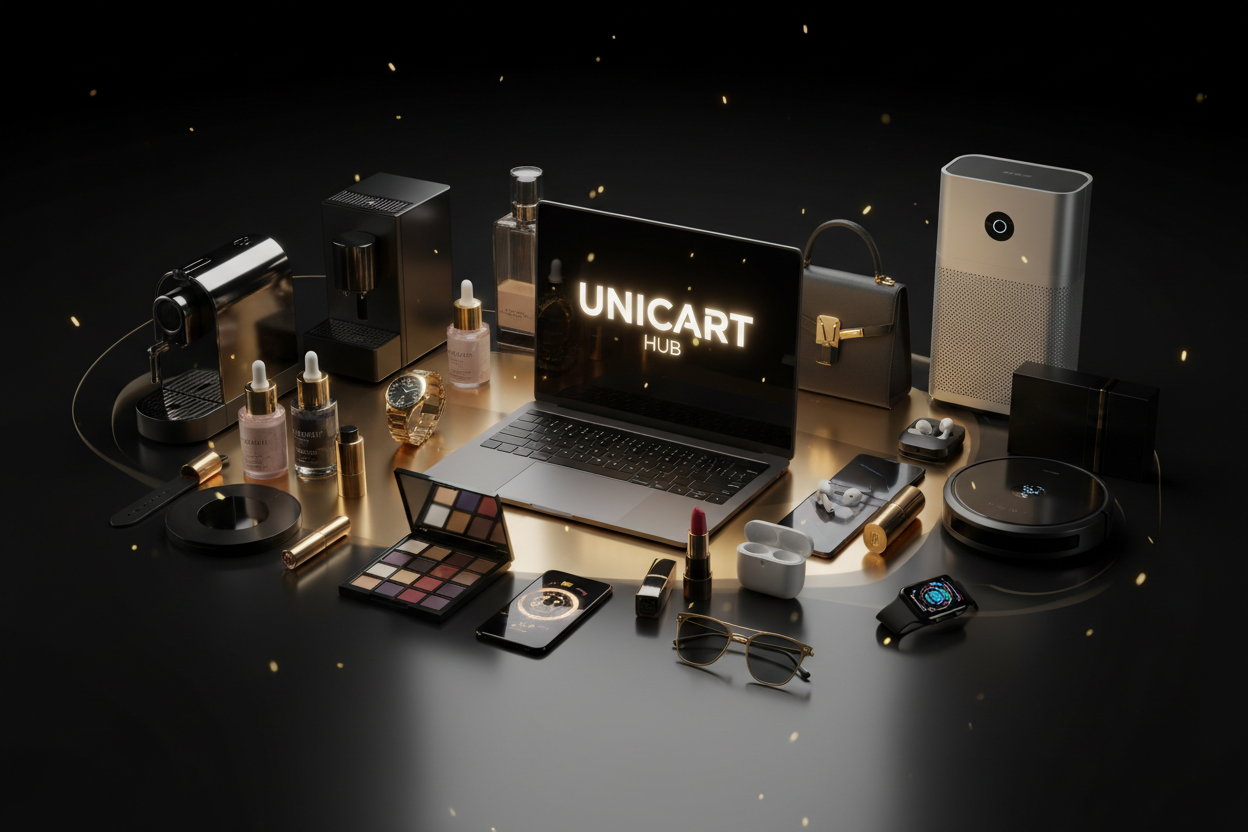 A luxury modern e-commerce montage showcasing a variety of high-quality products from beauty, tech, fashion, and home appliances. Smooth cinematic shots rotate around premium items on a glossy black-and-gold background. A sleek laptop opens with the UNICART HUB logo glowing softly on the screen. Golden particles float past the camera, creating an elegant atmosphere. Fast but smooth transitions highlight beauty products, stylish fashion accessories, smart gadgets, and premium home items. 